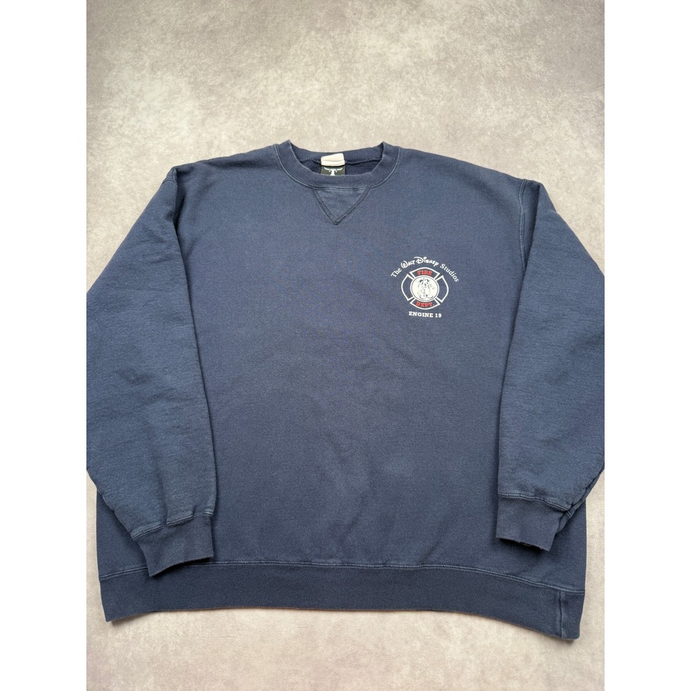 VTG Hanes Disney Studios Fire Dept Mickey Mouse Sweatshirt Navy Blue Adult L Y2K